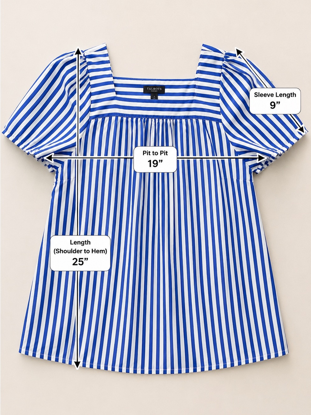 Talbots Blue White Stripe Puff Sleeve Square Neck Cotton Top Large - Picture 5 of 10